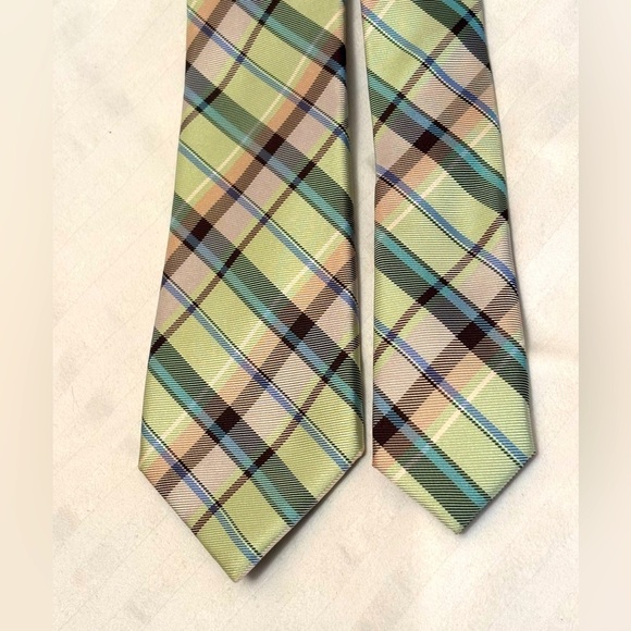 Express Brand Necktie Tie Repp Silk Pastel Plaid Green Blue Pink Mens - Picture 7 of 13